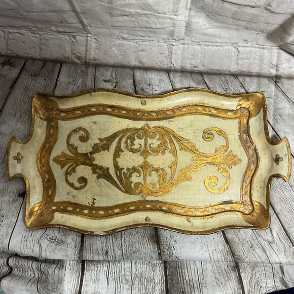 Vintage Italian Gold & Cream Decorative Wooden Trays Set Of 2 Shabby Decor - Picture 2 of 5